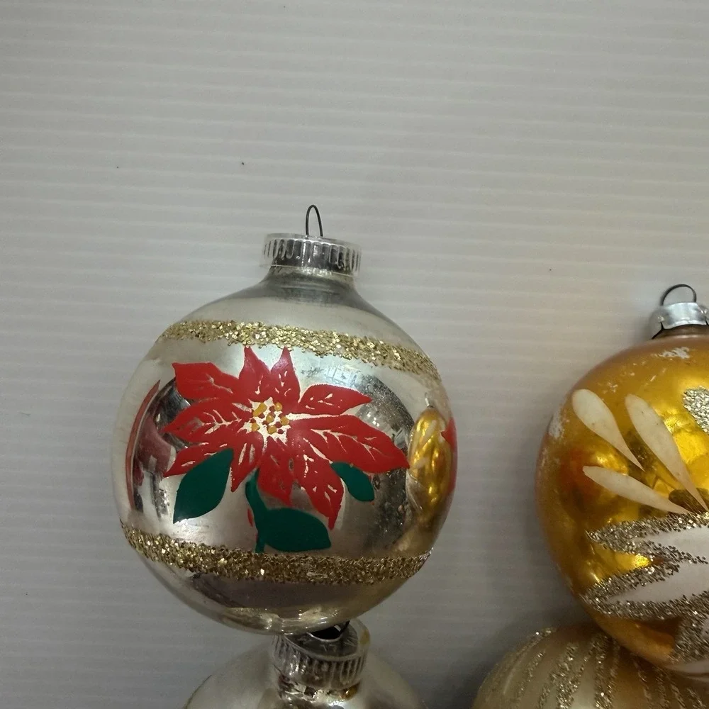 Lot Of 7 Vintage Glass Christmas Ornaments Mercury Glass Poinsettia Glitter MCM